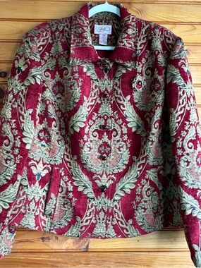 Vintage Lovely Tapestry Jacket 20W Plus Size Burgundy Gold Jeweled Buttons